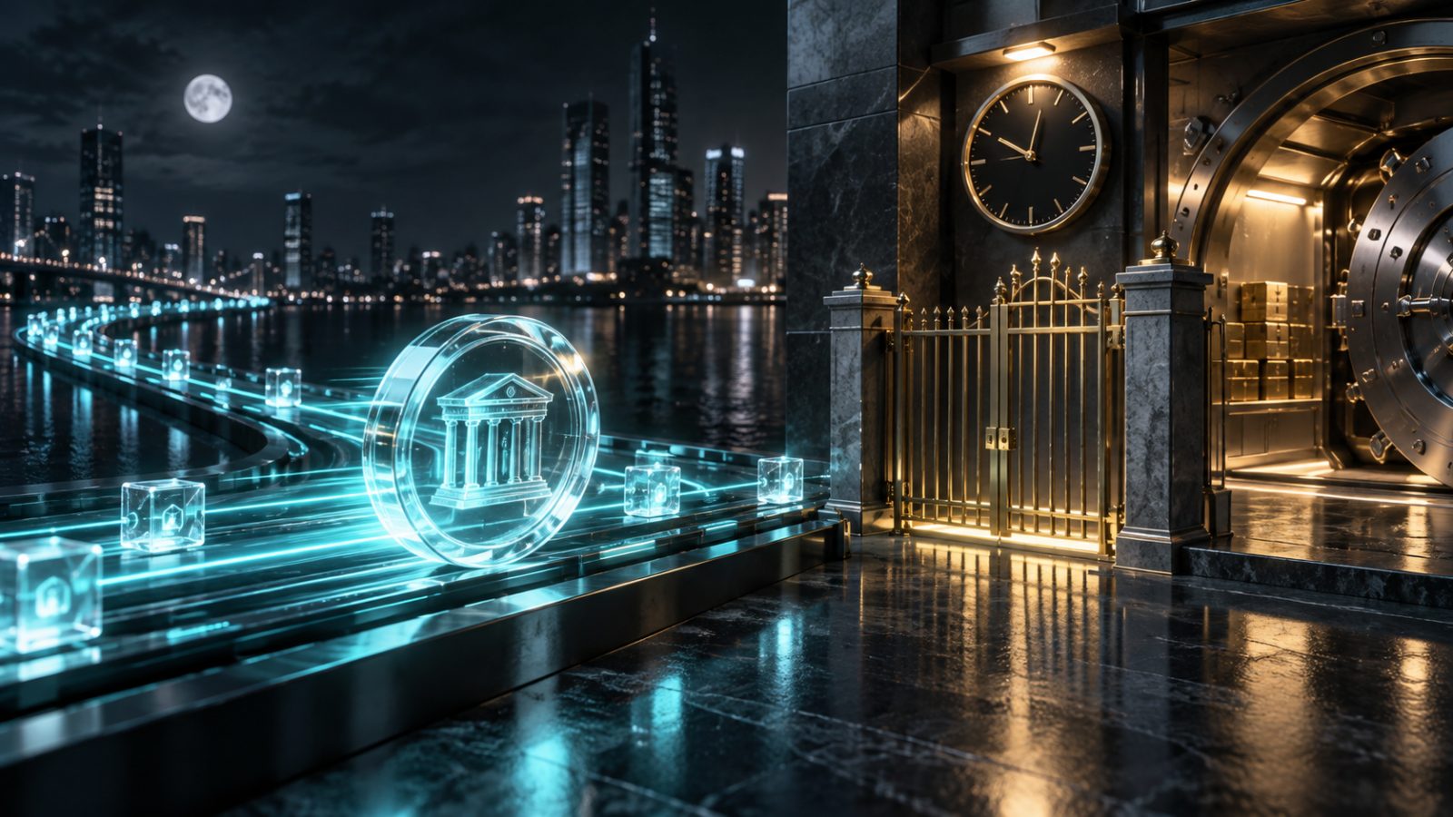 A tokenized fund moves at night toward a bank redemption gate