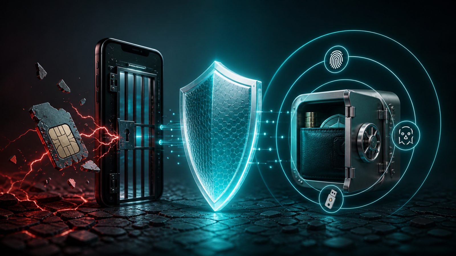 Разбитая SIM-карта отделена защитным щитом от кошелька с многофакторной защитой
