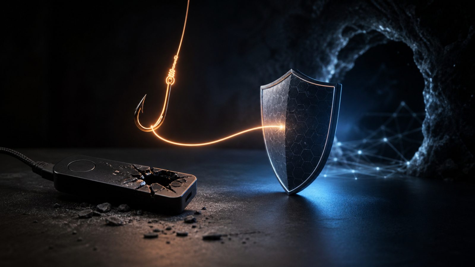 Поврежденный кошелек защищен щитом от светящегося крючка ложного recovery-сервиса